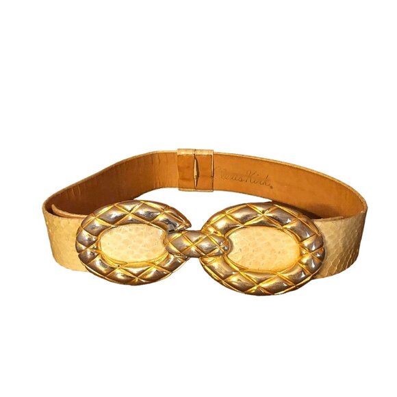 Alexis Kirk Vintage White Italian Snakeskin leather Gold embellished buckle belt